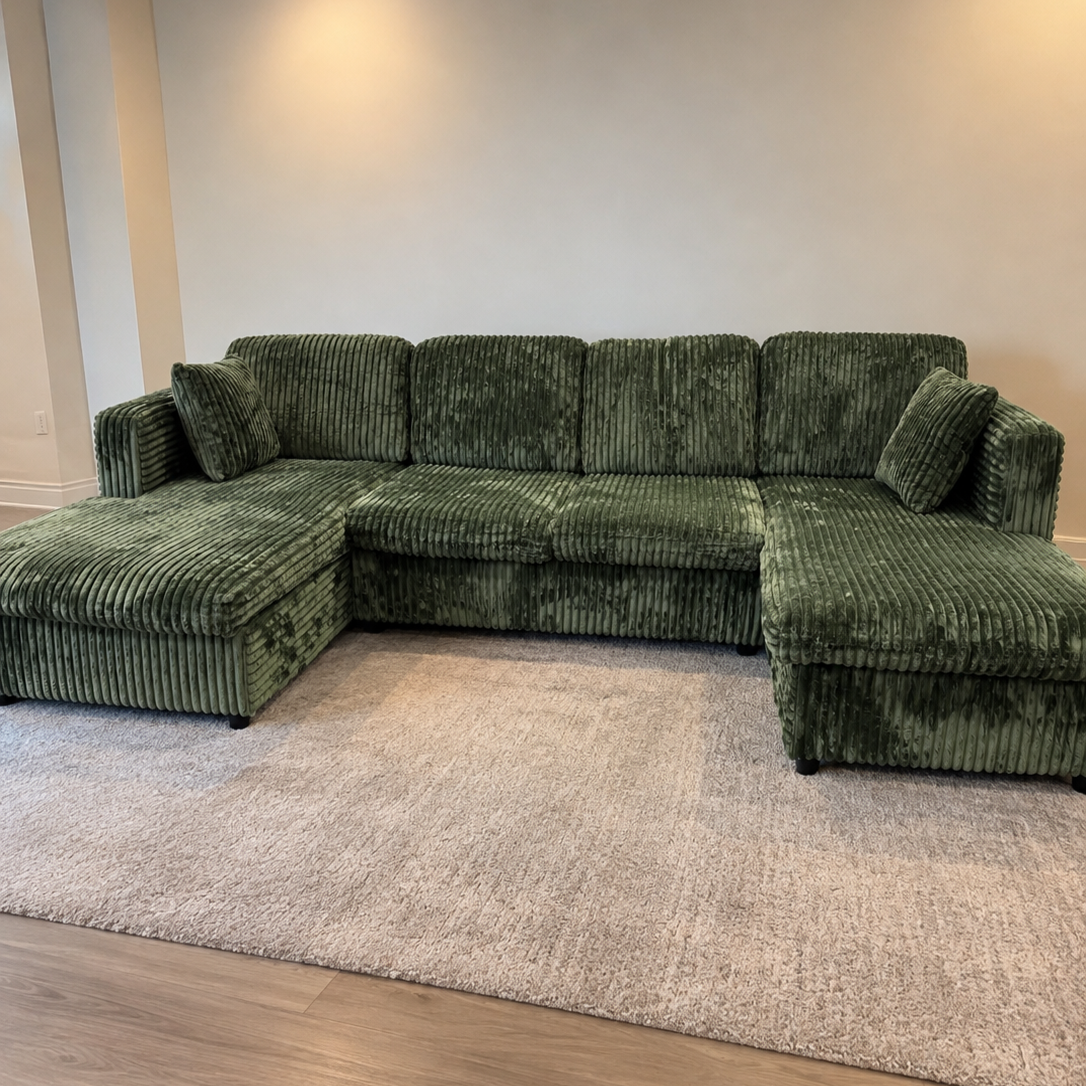 123-Inch Green Corduroy U-Shaped Sectional Sofa